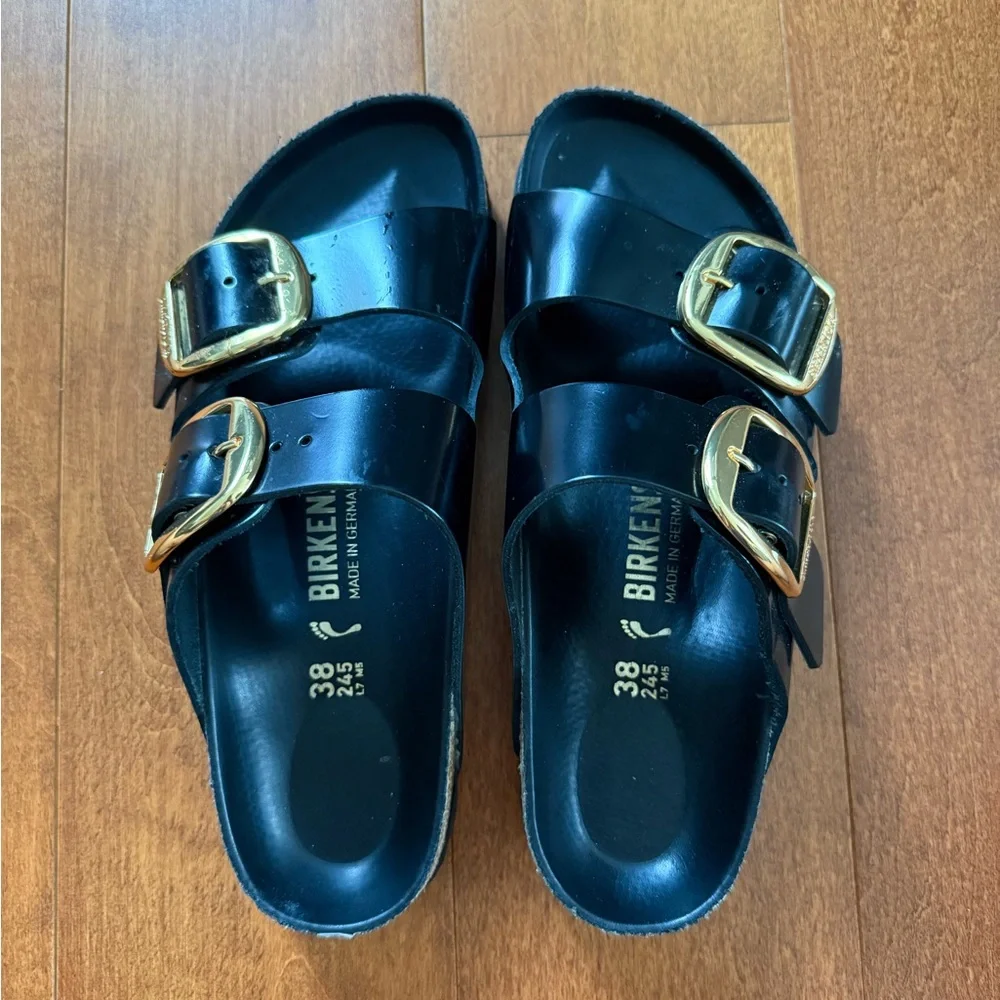 Birkenstock Arizona Big Buckle Shiny Black Sandals with Gold 38 - Picture 2 of 5